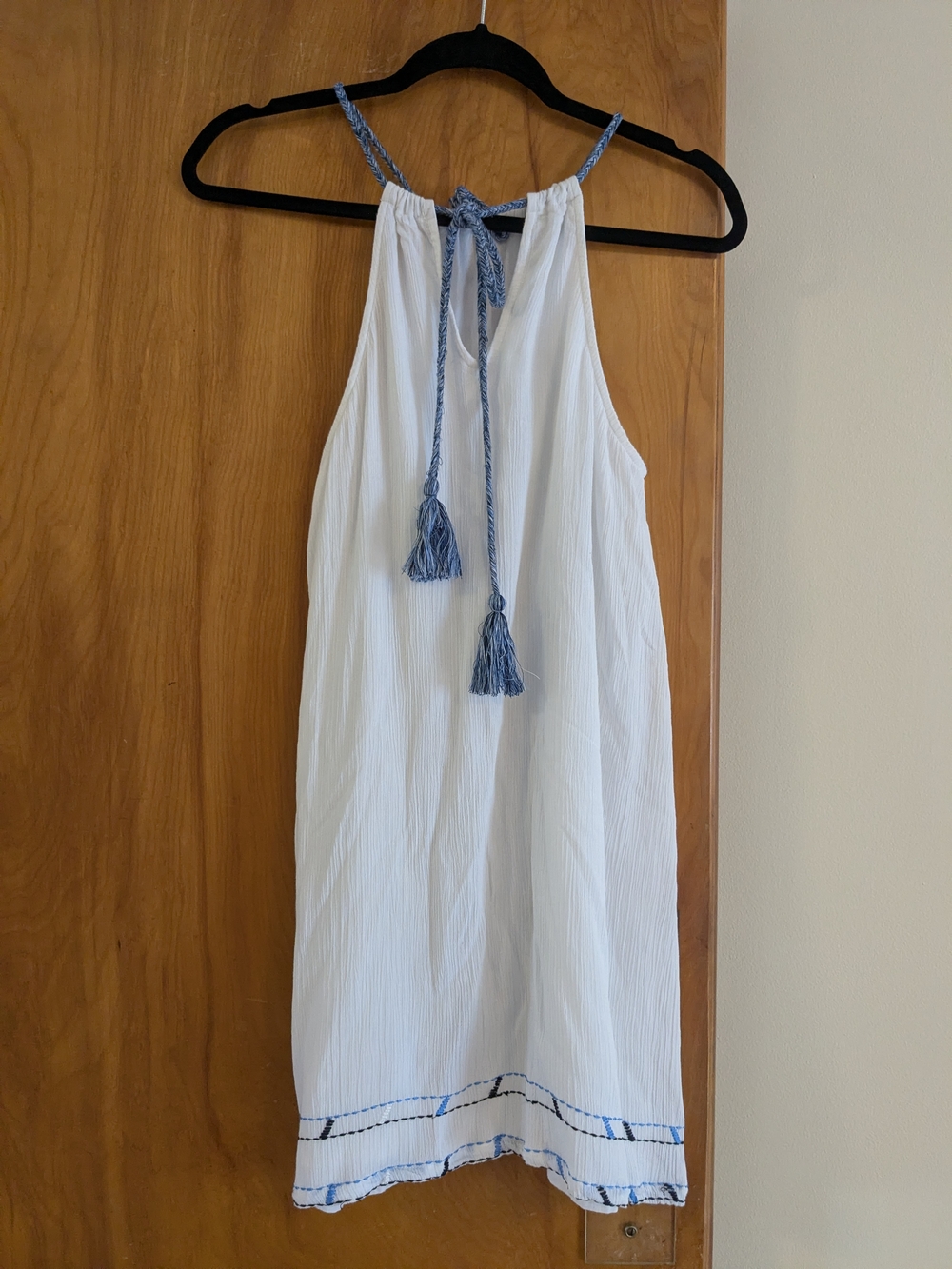 Venus White Halter Dress with Blue Paisley Embroidery. - Picture 3 of 13